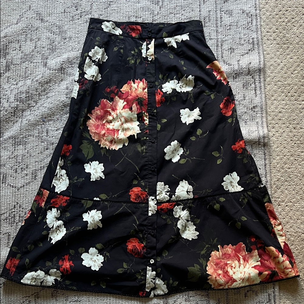 ERDEM Black Midi Skirt with Red and Cream Floral Print